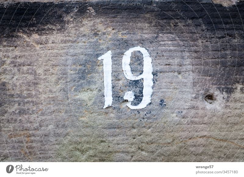 Ziffer 19 auf einer Kalksteinmauer Ziffern & Zahlen Nahaufnahme Außenaufnahme Hausnummer Orientierung Farbfoto