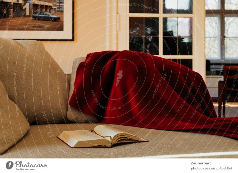 Gemütliches Sofa mit Decke und Buch zuhause vor Tür mit weißen Sprossen im Wohnzimmer stayhome Couch Kissen rot beige Polster lesen gemütlich Innenaufnahme