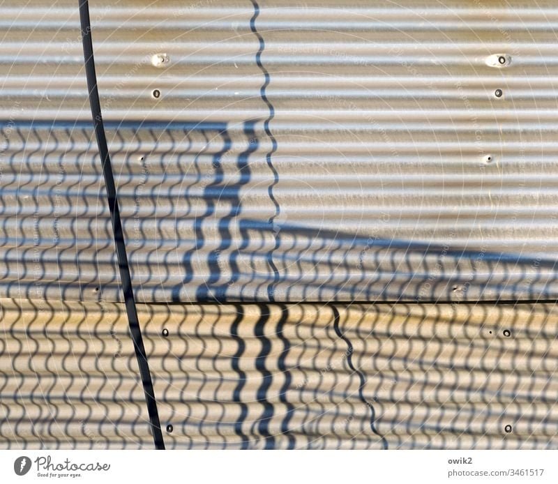 Onduliert Wellasbest Hütte Wand Fassade Zaun Gitter Gitterzaun Schatten Schattenwurf Wellen gewellt Kabel Strukturen & Formen Detailaufnahme Gebäude abstrakt