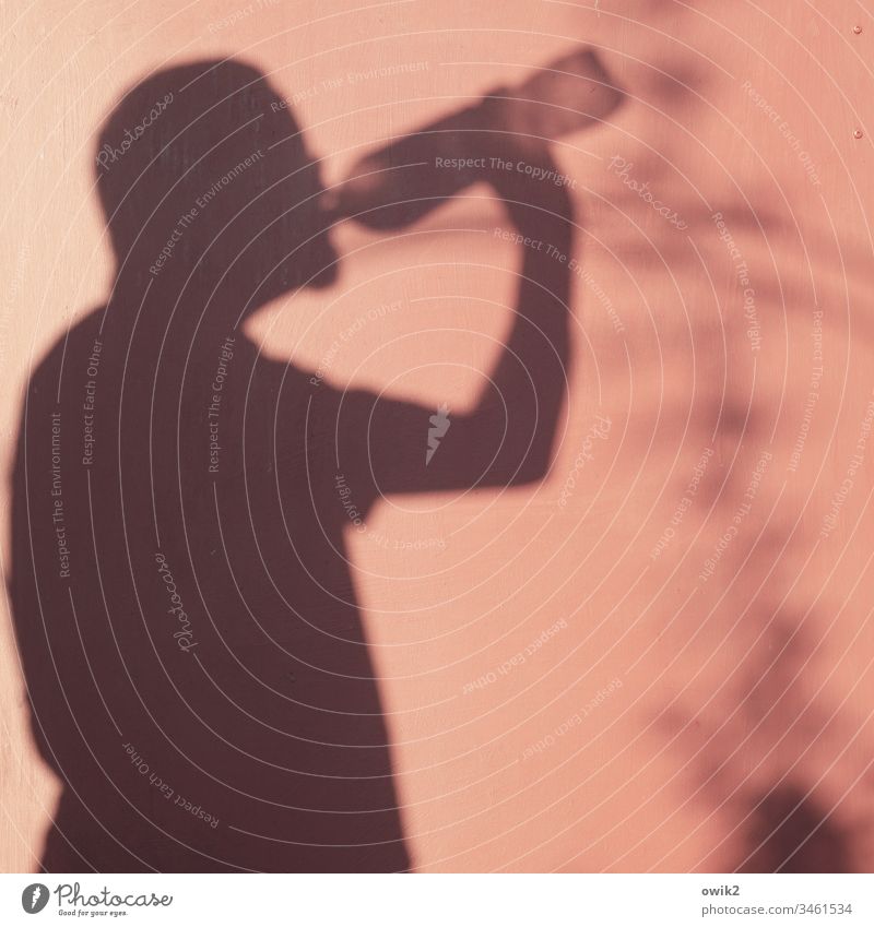 Suffkopp Schatten Mensch Selbstporträt durstig trinken Flasche Wasser Sommer heiß Wand Holz Farbe rötlich Silhouette Arm Kopf Erfrischung Getränk