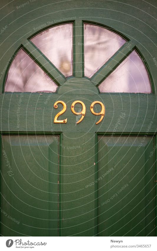 Hausnummer 299 auf grüner Holzhaustür mit Glasscheiben Halbkreis Adresse britannien klassisch stilvoll abschließen Nahaufnahme Dekoration & Verzierung Design