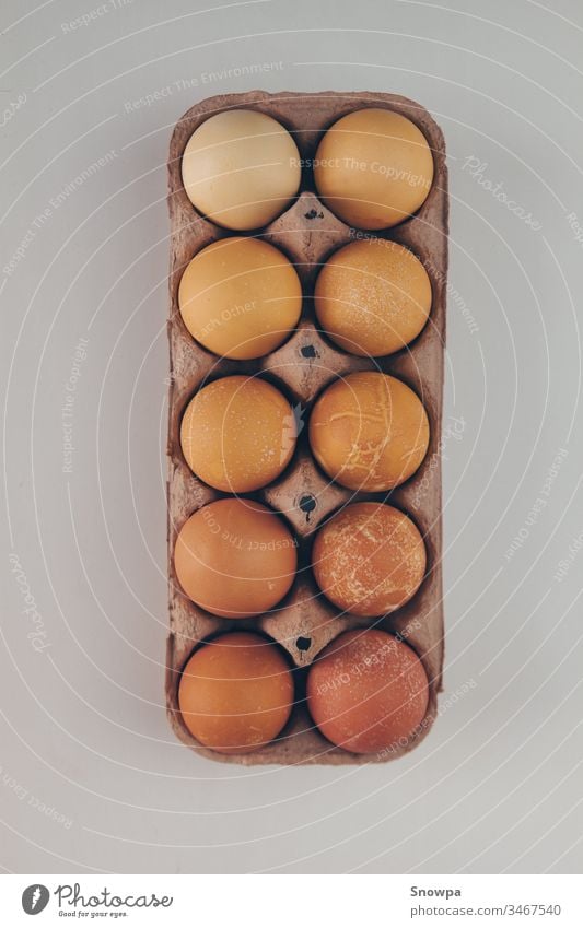 Verschiedene Schattierungen von braunen Eiern in einem Eierkarton. Schutz Karton Lebensmittel Natur organisch Hähnchen Paket Protein Tier Gesundheit Papier