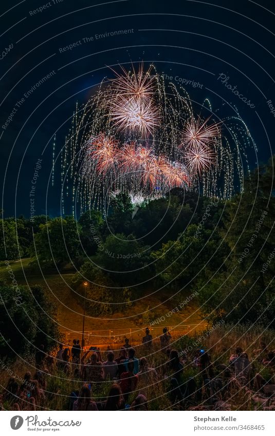 Ein großartiges, farbenfrohes Feuerwerk mit Menschen, die Spaß haben, im Vordergrund. Park Raketen Glück Party Stadtfest Himmel Nacht Langzeitbelichtung Farben