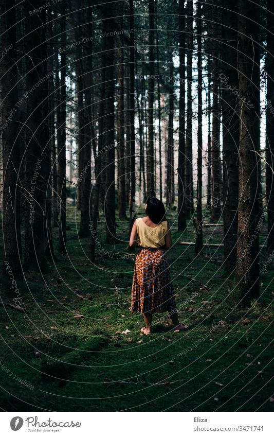 Eine Frau in bunter Sommerkleidung steht zwischen vielen Baumstämmen im Wald auf moosbedecktem Boden Moos Mädchen grün dicht dunkel Sonnenlicht einsam alleine