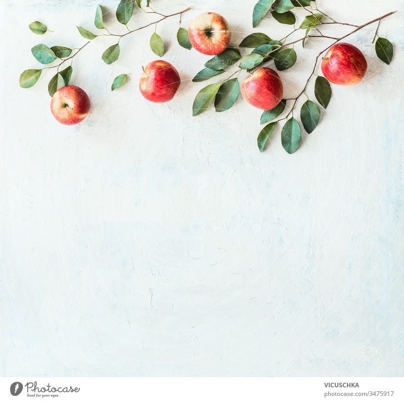 Schmackhafte reife rote Äpfel mit Zweigen und grünen Blättern auf rustikalem weißen Hintergrund, Draufsicht. Rand oder Rahmen mit Kopierraum für Ihr Design