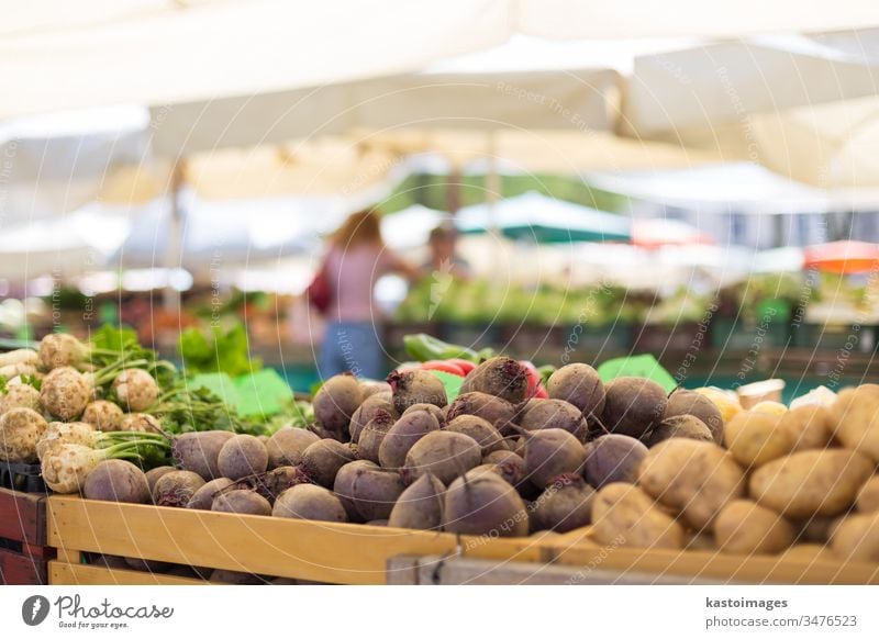 Lebensmittelmarktstand der Bauern mit einer Vielfalt an Bio-Gemüse. Verkäufer serviert und plaudert mit Kunden Markt Verkaufswagen Anbieter Marktplatz stehen