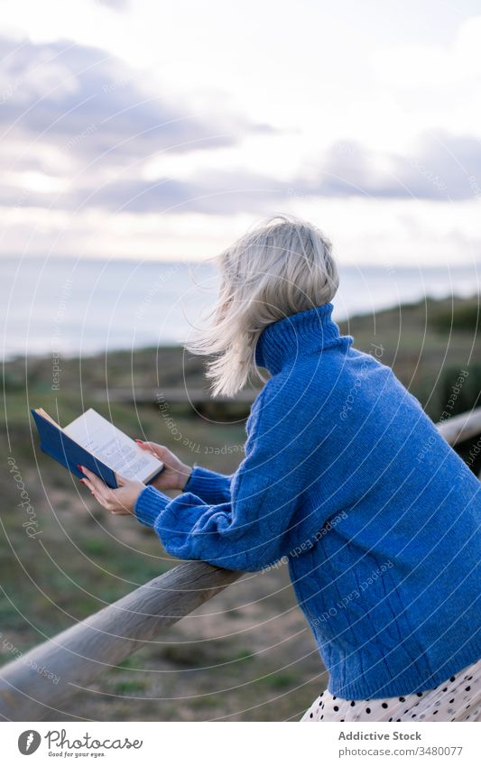 Junge Frau liest Buch am Meer MEER Zaun Strand lässig ruhen lesen jung blau genießen Poesie Pullover Natur sich[Akk] entspannen hölzern Stil allein modern
