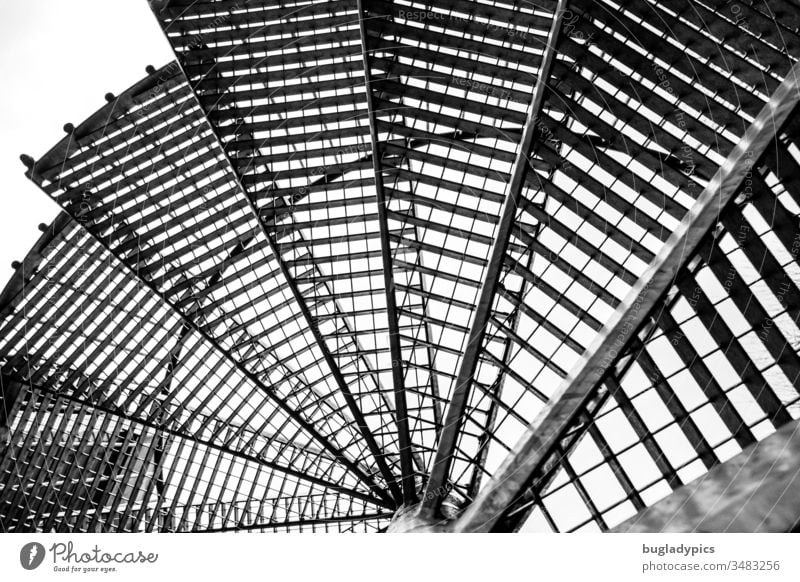 Eine Feuertreppe / Wendeltreppe von unten fotografiert in schwarzweiß Metalltreppe Architektur Fibonacci Schwarzweißfoto Gitter Gitterrost Spirale Geometrie