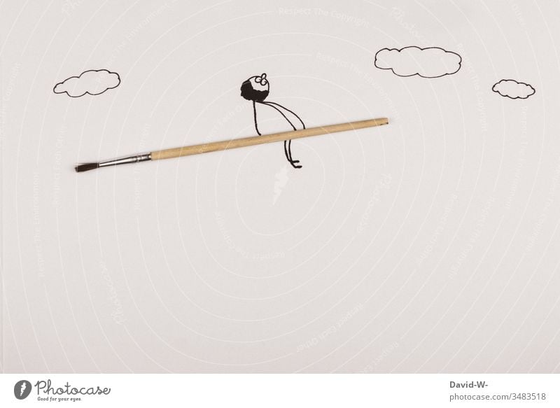Strichmännchen fliegt auf einem Pinsel - Konzept / Schule | Kinder | malen Zeichnung Wasserfarbe Mann witzig Idee fligen Besen lustig Hexe Hexer fantasie