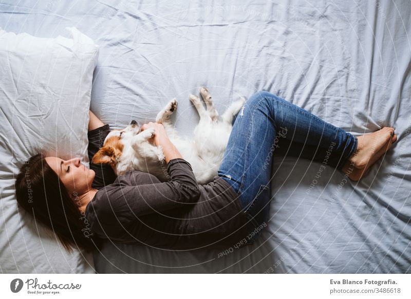 junge Frau und Hund zu Hause auf dem Bett liegend. Liebe, Zweisamkeit und Haustiere im Haus heimwärts aussruhen schlafen Zusammensein Zusammengehörigkeitsgefühl