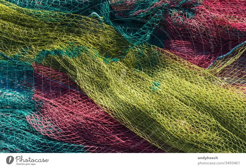 Fischernetze in der Morgensonne trocknen lassen abstrakt Kunst Hintergrund Hintergründe fangen abschließen Farbe farbig farbenfroh kommerzielles Fischernetz