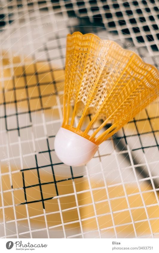 Nahaufnahme eines gelben Federballs auf dem Netz eines Federballschlägers Badminton Federball spielen Spielen Sport Freizeit & Hobby Ballsport Außenaufnahme
