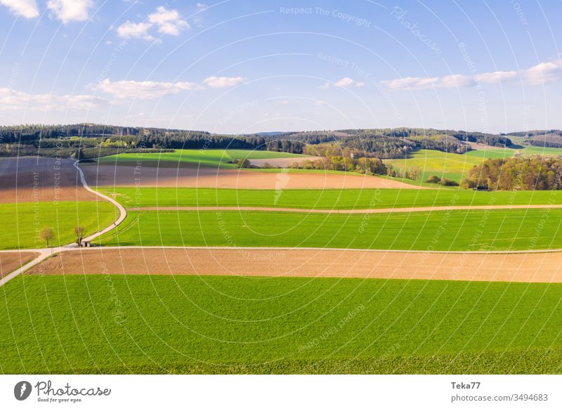 eine Agrarlandschaft im Frühling landwirtschaftlich Landwirtschaftlicher Weg Traktor Traktorpfad Feldhintergrund Wiesen-Hintergrund von oben Air Luftaufnahme