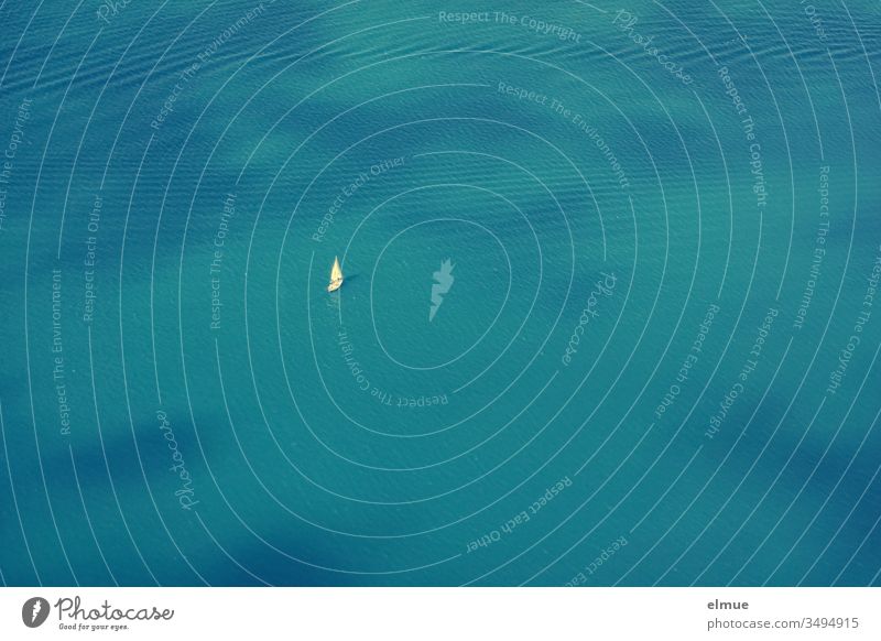 Vogelperspektive auf das blaue Meer mit einem einsamen Segelboot Wasser Freiheit alleine Weite Einsamkeit Ferien & Urlaub & Reisen Wasserfahrzeug Wellen Sommer