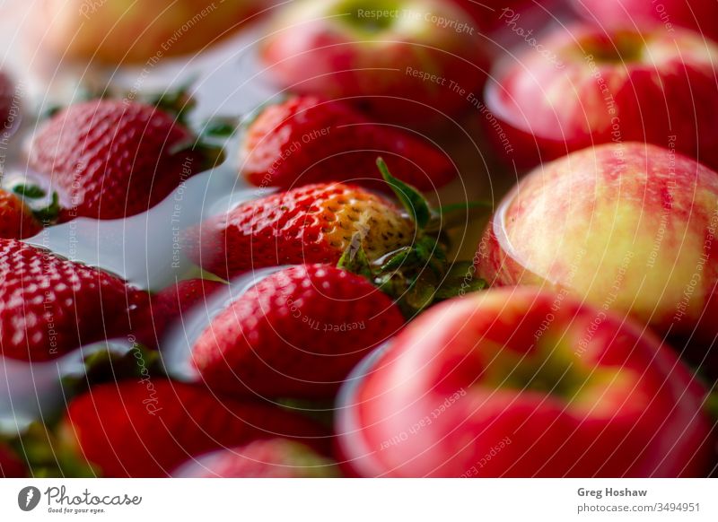 Nahaufnahme von frischen Bio-Erdbeeren und Äpfeln, die im Wasser schwimmen Apfel organisch Frucht Bioprodukte Farbfoto Gemüse Gesundheit Veganer