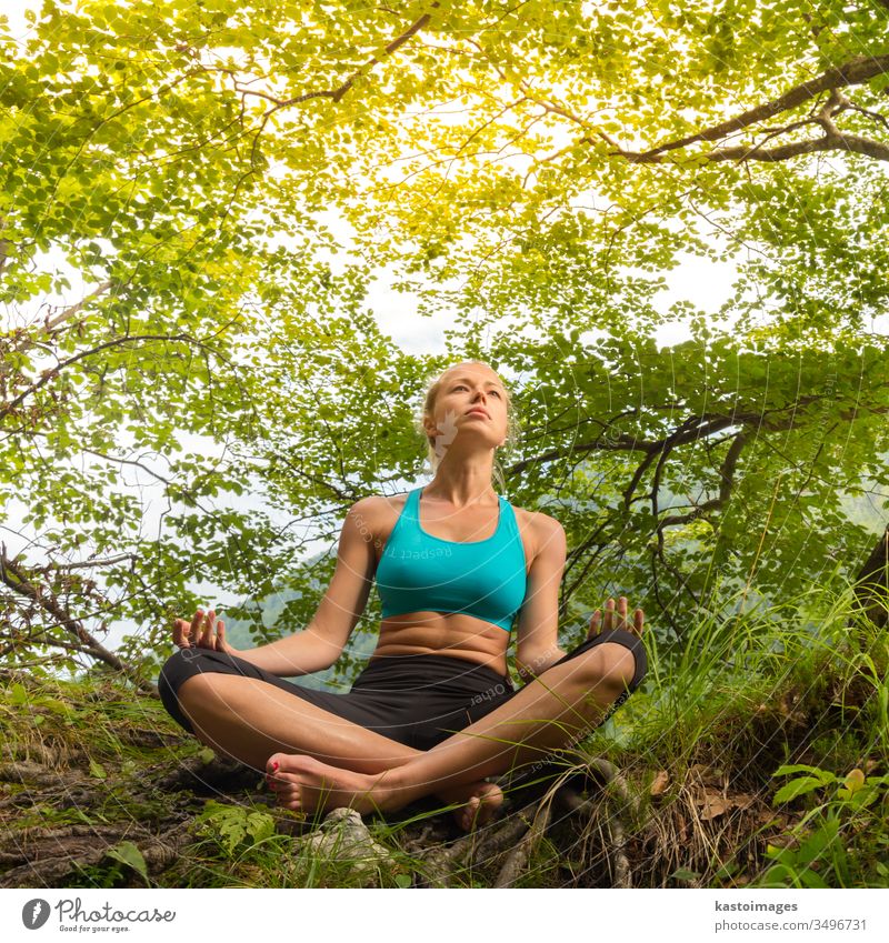 Frau entspannt sich in schöner Natur. Lifestyle Baum Gesundheit Spiritualität Sommer Schönheit Meditation Mädchen Yoga Erholung Person Zen Vitalität Körper