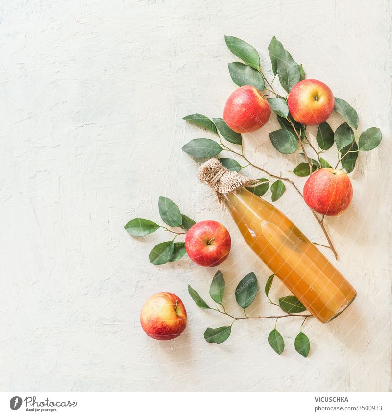 Hausgemachter Apfelessig oder Saft in Glasflasche mit Zutaten: frische Bio-Gartenäpfel mit Trauben und Blättern auf weißem Tischhintergrund. Ansicht von oben. Flach gelegt. Rand. Rahmen. Raum kopieren