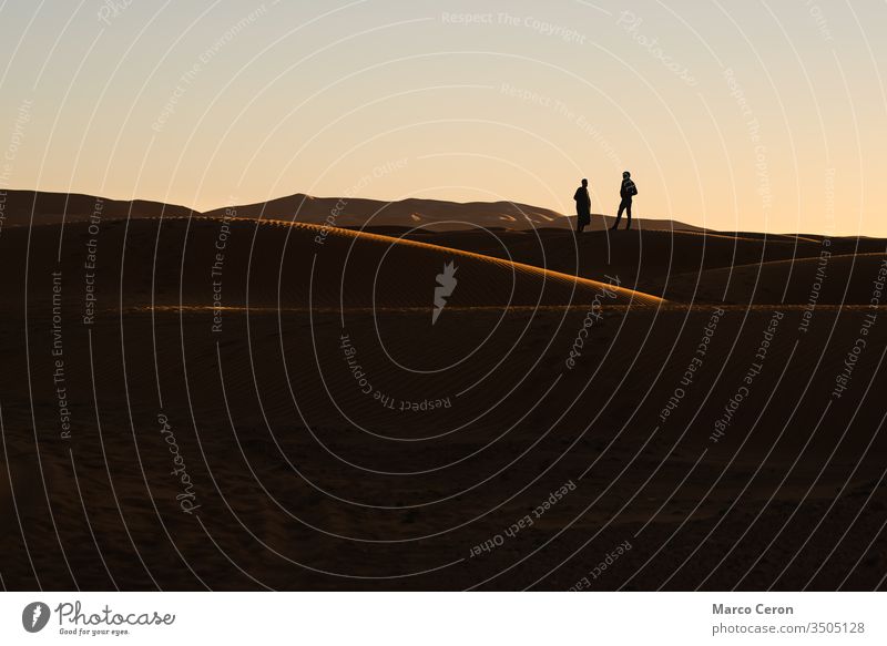 Silhouette von zwei Menschen in den Sanddünen. Sonnenuntergang in der Wüste Sahara. im Freien wüst Person Natur reisen Freiheit majestätisch Düne Farbbild