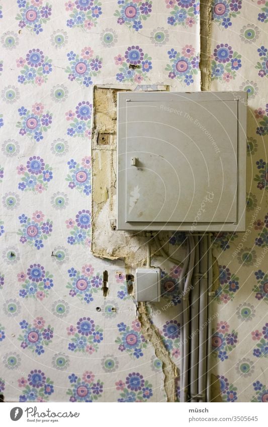Stromkasten an der Wand Leitungen Kabel Schalter Tapete Blümchen blau rosa weiß Putz Risse Technik Draht Energie kaputt verschlissen gefährlich