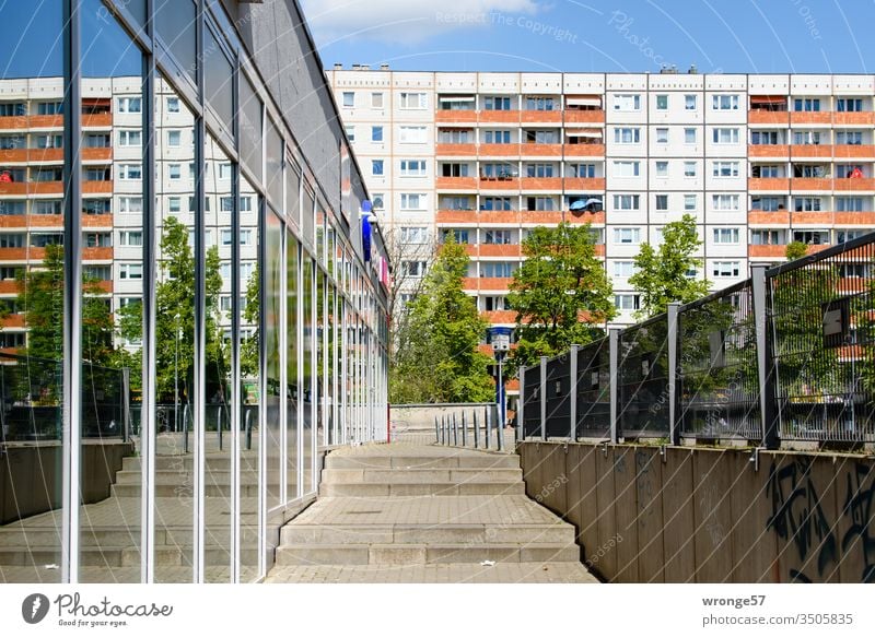 Magdeburger Plattenbau und sein Spiegelbild in einer Glasfassade Wohnhaus Fassade Straßenseite Fenster Balkone Spiegelung Reflexionen Gehweg Treppe