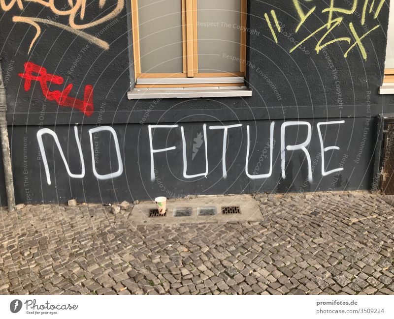 Graffiti an einer Hauswand: Punk-Zitat: "No Future". Gesehen in Berlin. Foto: Alexander Hauk hauswand no future zukunft keine zukunft kunst art berlin