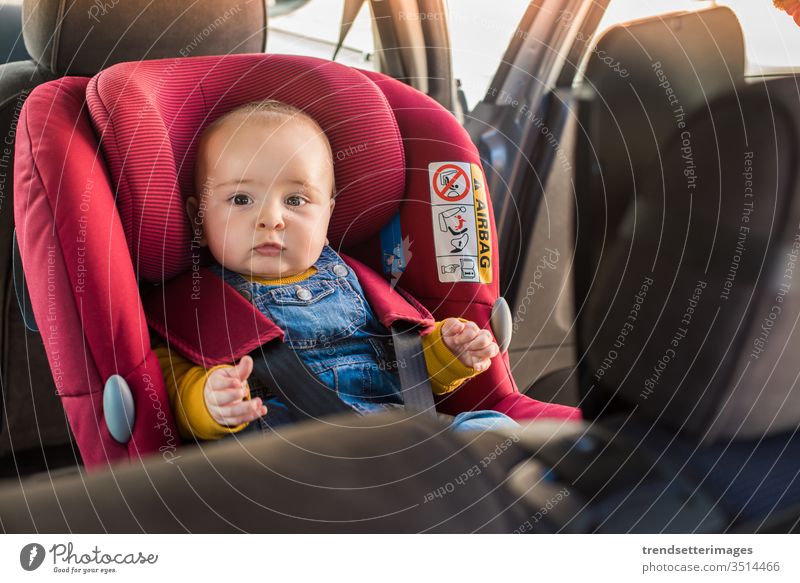 Vater schnallt sein Baby im Autositz an isofix Schnappriegel PKW Sitz Kind befestigen Sicherheit Gurt Schutz Transport Fahrzeug Familie reisen Menschen Glück