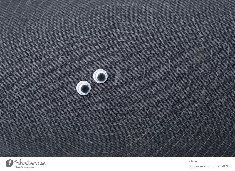 Zwei sehende Augen auf dunklem Stoff Wackelaugen beobachten spionieren gucken betrachten neugierig Menschenleer Blick Neugier Überwachung Wachsamkeit grau