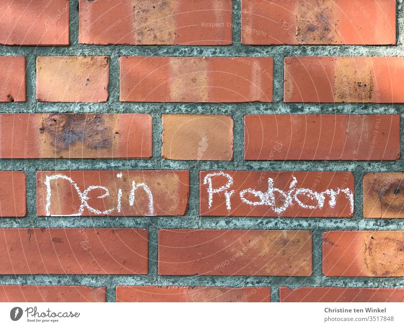 "Dein Problem" steht mit Kreide geschrieben an einer roten Backsteinmauer Schriftzeichen Schriftzug Journalismus Bildung Nahaufnahme Buchstaben Wort Text Satz