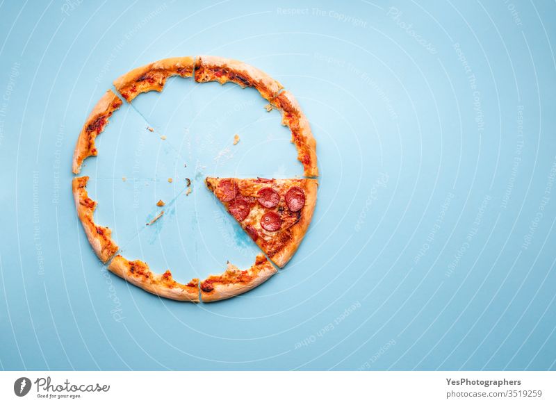 Letztes Stück Pizza-Peperoni auf blauem Hintergrund kreisen Komfortnahrung Kruste ausschneiden Abendessen aufgegessen Fastfood Fett Fingerfood Lebensmittel