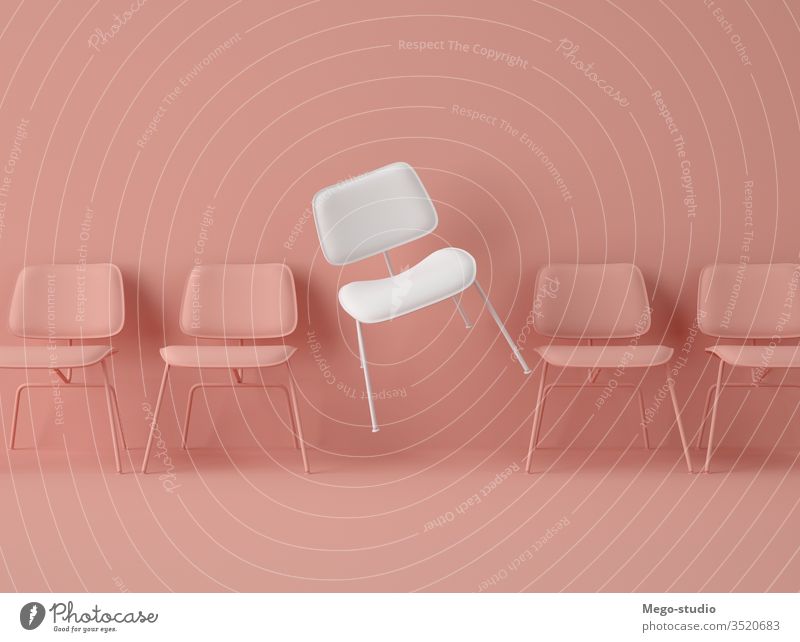 3D-Illustration. Stuhlreihe mit einem Stuhl in einer anderen Farbe. Business Job Gelegenheit 3d Objekt unbesetzt Kandidat Sitzung Mitarbeiter einzeln Innovation