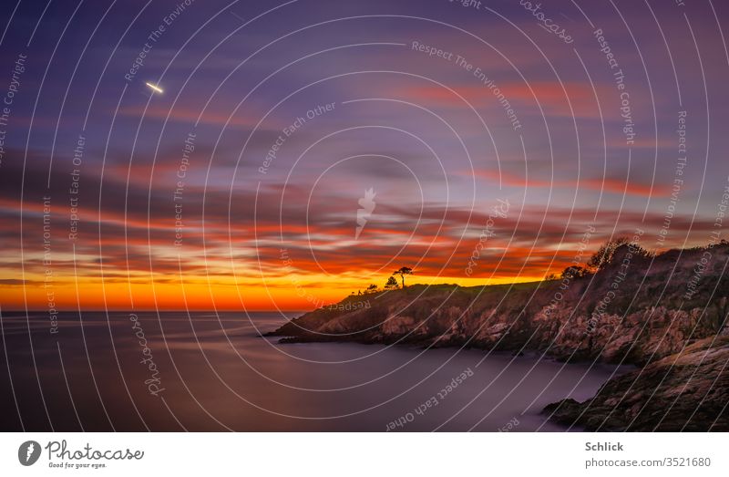 Küstenlanschaft in der Dämmerung mit Planet Venus in der Bretagne bei Port Manec'h Landschaft leuchten Abenstern Himmel Langzeitbelichtung Horizont Bäume klein