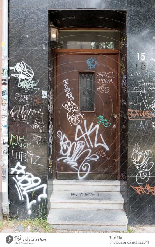 Haustür mit Graffitis Tür Eingang Treppe Hausfront verschmiert grau schwarz braun Holz alt Granit Unkraut Tags weiß Schmiererei Verfall Menschenleer Wand