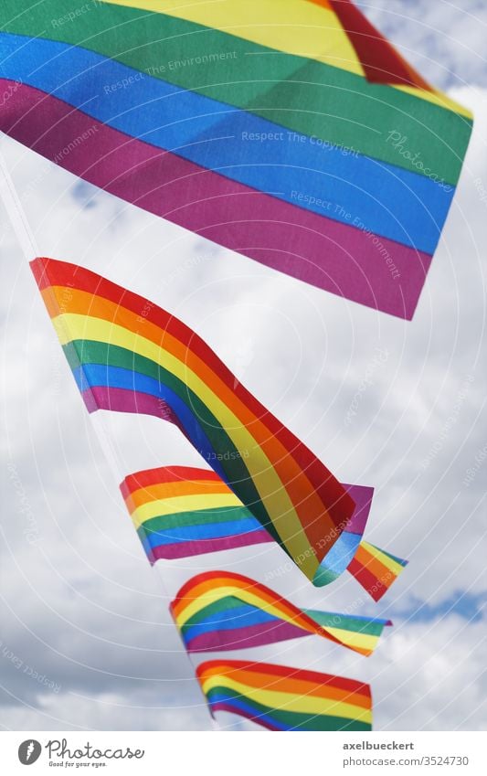 Regenbogenfahnen bei Gay-Pride-Veranstaltung Regenbogenflagge Homosexualität Christopher Street Day LGBTIQ Fahne schwul Stolz lgbt Flaggen winkend wolkig Himmel
