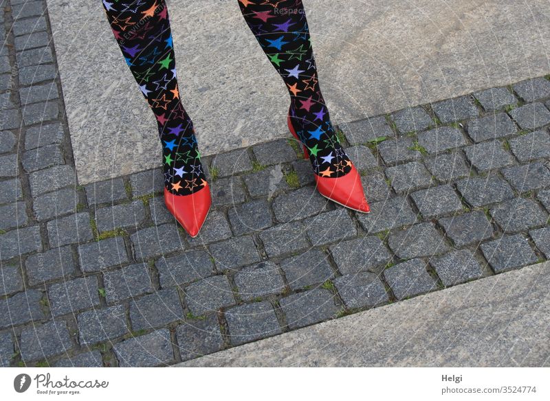 extravagantes Beinoutfit | haute couture Mensch Frau weiblich feminin Beine Füße Strümpfe Pumps Schuhe Beinbekleidung Muster Struktur Pflastersteine Damenschuhe