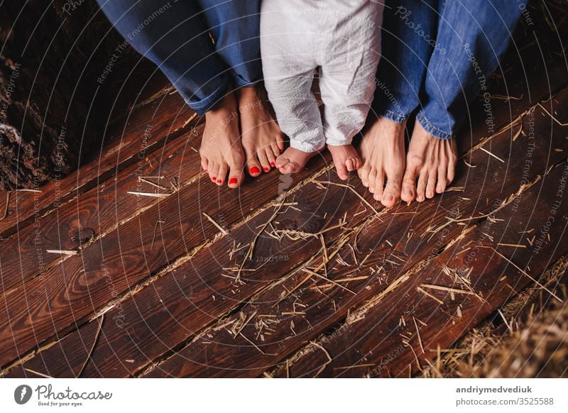 Nackte Füße von Familienmitgliedern - Mutter, Vater und Kind. Holzboden Baby schön Junge Pflege Kaukasier Kindheit Nahaufnahme Konzept niedlich Fuß Stock Glück