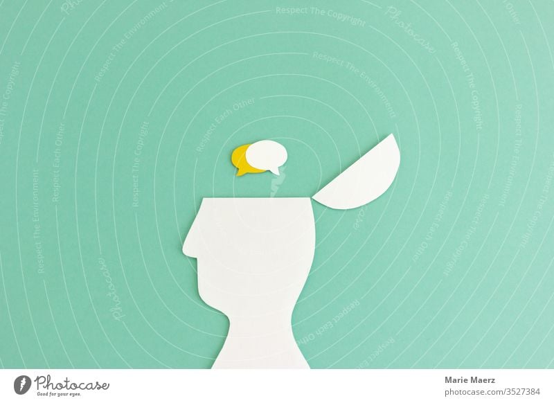 Selbstgespräch // Innerer Dialog | Kopf Silhouette aus Papier mit zwei Sprechblasen Papierschnitt Hintergrund neutral Denken Profil Gehirn u. Nerven