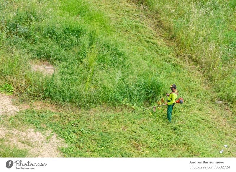 Mann in Arbeitskleidung und ausgerüstet mit einem professionellen Freischneider, der das grüne Gras eines Solar Kraft im Freien Porträt Klinge Baum Schneiden