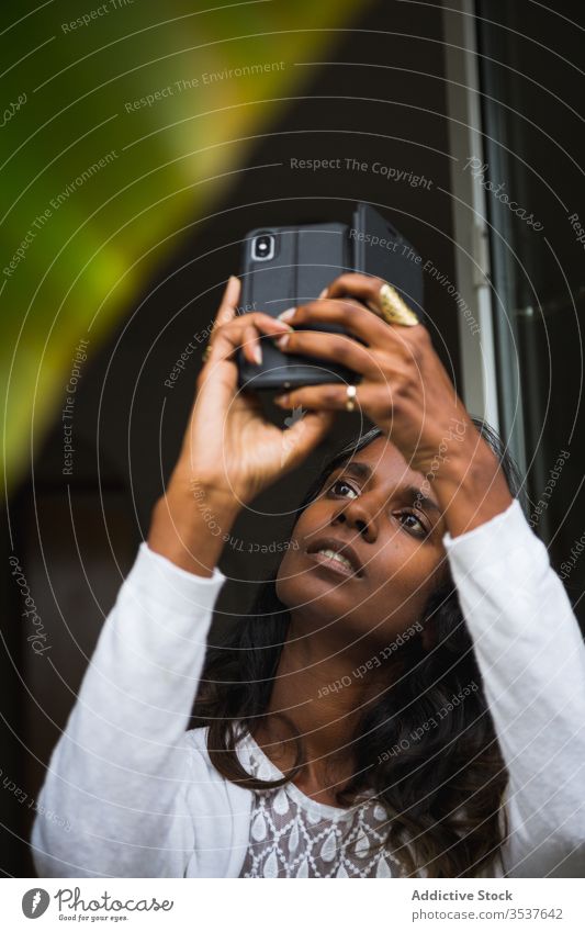 Konzentrierte indische Frau fotografiert auf Smartphone fotografieren Pflanze Balkon Konzentration Fotokamera Mobile Telefon benutzend ethnisch Inder