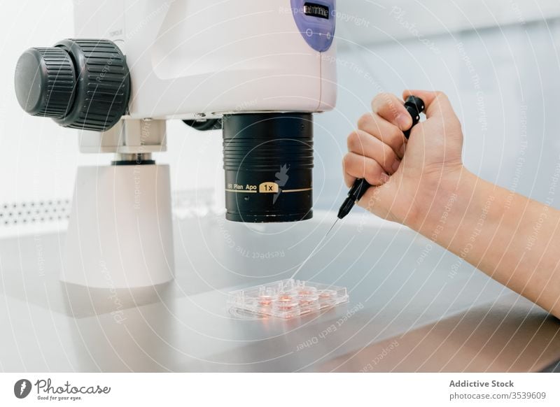 Arzt untersucht Eizelle durch Mikroskop untersuchen ovum Laborschale Klinik spritzen Uniform medizinisch Embryo modern Medizin Krankenhaus professionell