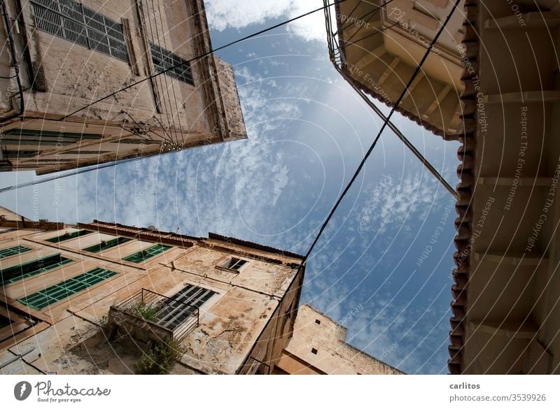 Wochenende im Süden I Mallorca Urlaub Altstadt Froschperspektive Fassade mediterran Fenster Architektur Wand alt Haus Balkon Mauer Menschenleer Fensterladen