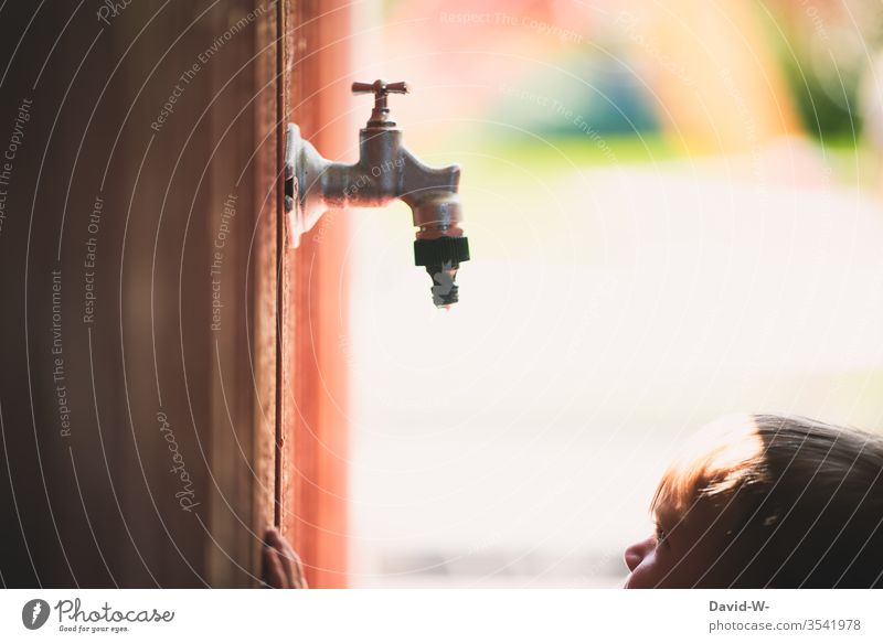 Kind im Sommer Wasserknappheit Kleinkind Garten Wasserhahn Wassertropfen beobachten niedlich wasserknappheit Dürre betrachten zu Wand Holzwand erkunden