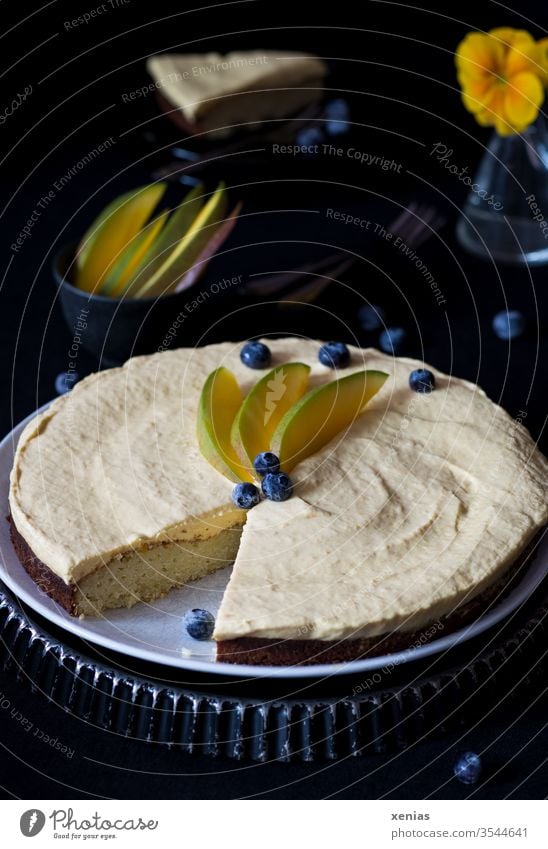 Süßer, runder Kuchen mit weißer Schokolade und Mangocreme, dekoriert mit Blaubeeren und Mangospalten, Kuchenstück und Vase im dunklen Hintergrund Backform