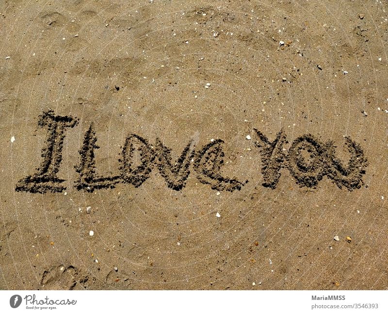 Ich liebe dich, an einem sonnigen Tag in den Sand geschrieben Strand Stranddüne Meer Ferien & Urlaub & Reisen Erholung Küste Sommer Himmel Sonne Natur