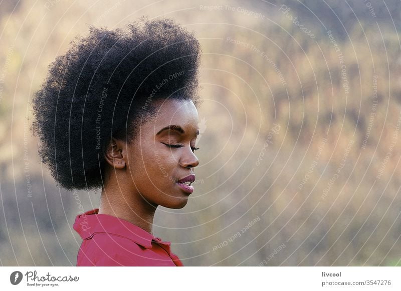 schöne Frau mit Afro-Haaren, die in der Natur meditiert schwarze Frau Mädchen Schönheit hübsch cool Mode Stil jung Menschen Porträt lieblich Lifestyle Garten