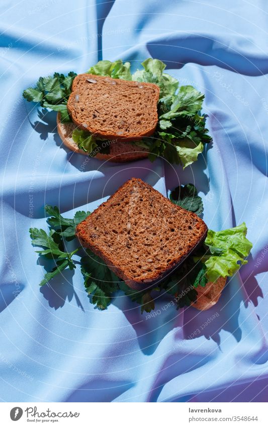 Stücke Roggenbrot mit verschiedenen Grüntönen auf einem Vorhang, Konzept eines gesunden Sandwiches, selektiver Fokus Brot hell Kohlenhydrate lecker Diät Speise