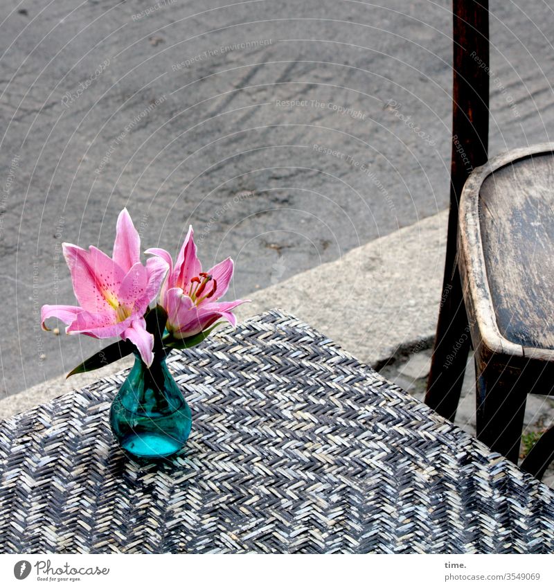 ein Väschen Buntes blume blüte vase tisch gastronomie café dekoration straße grau stuhl rosa blau blumenvase