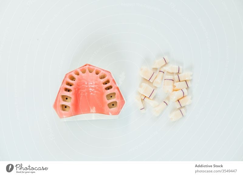 Nahaufnahme eines Gebisses dental Zähne Zahnarzt Zahnersatz Mund Prothesen Zahnmedizin Gesundheit Medizin medizinisch Pflege Prothetik künstlich Lächeln weiß