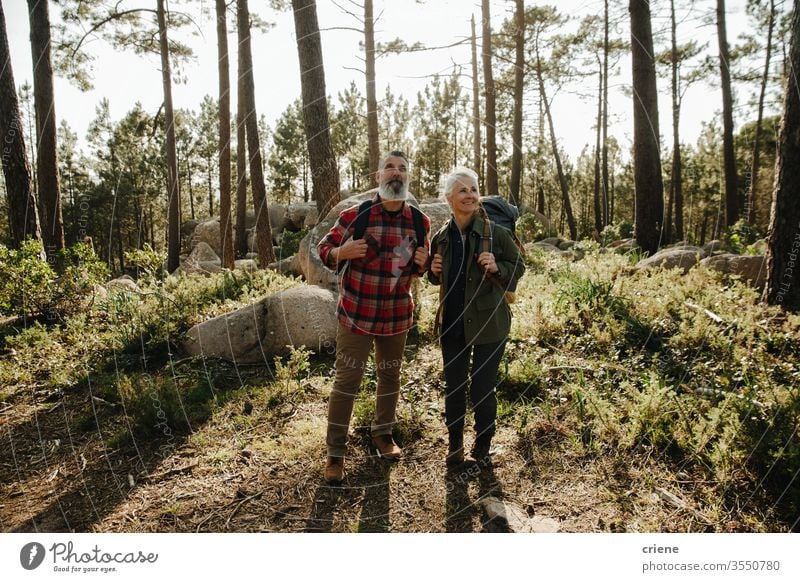 Elferly fit glückliches Paar Wandern durch Wald zusammen im Urlaub Mann Senior älter Felsen Natur im Freien Wanderung Sport Lifestyle Aktivität Wanderer wandern
