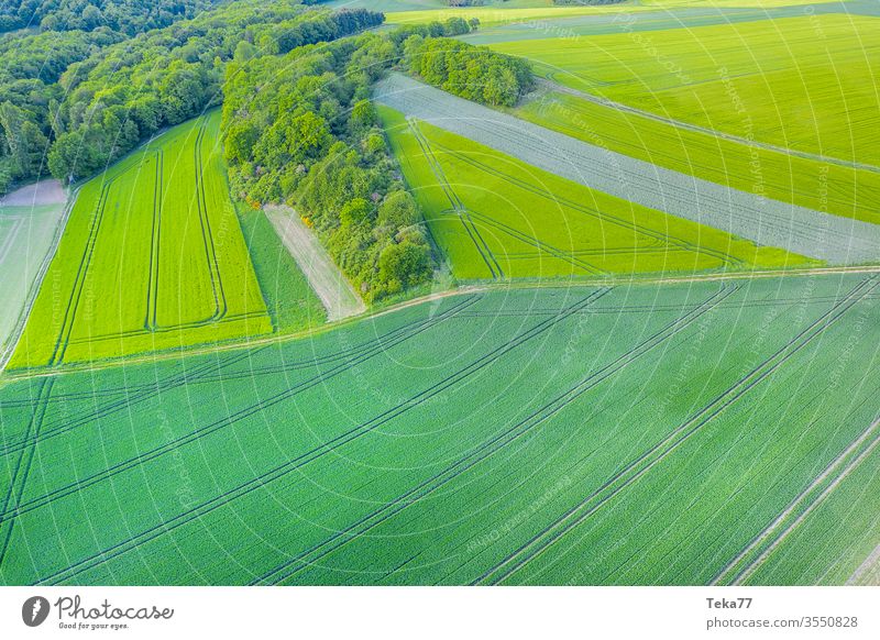 Wiesen und Felder von oben im Hintergrund landwirtschaftlich Landwirtschaftlicher Weg Traktor Traktorpfad Feldhintergrund Wiesen-Hintergrund Air Luftaufnahme