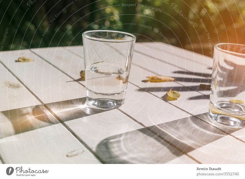 zwei Gläser auf einem Tisch mit Herbstblättern aqua Hintergrund Getränk Sauberkeit übersichtlich Nahaufnahme cool trinken leer Außenseite Lichtschein frisch